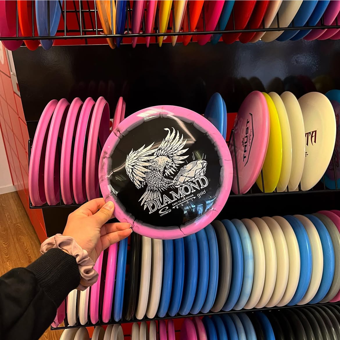 Närbild på en discgolfdisc som hålls upp framför discstället